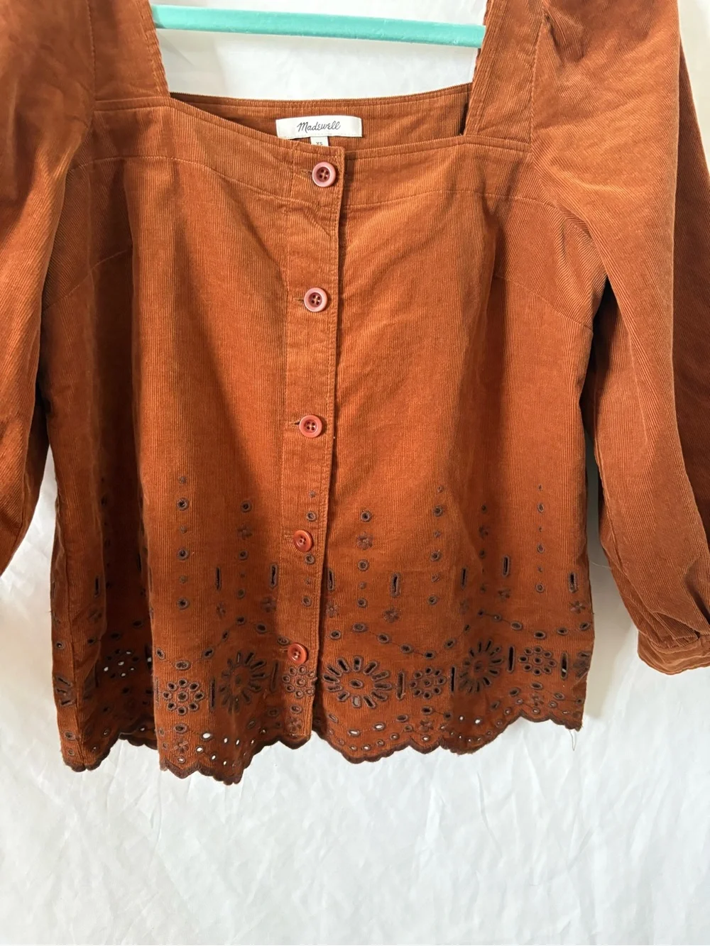 Madewell brown corduroy eyelet long sleeve straight neck top blouse XS